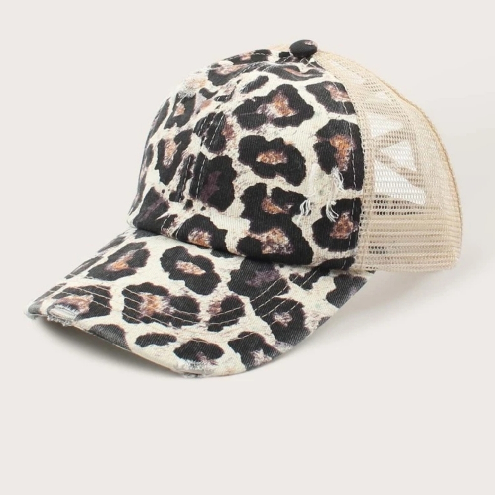 Leopard print distressed mesh ponytail hat